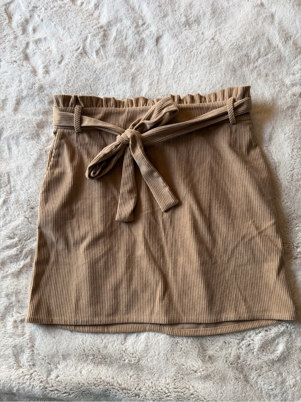 Vanilla Bay Tan Ribbed Paperbag Waist Mini Skirt with Tie Belt